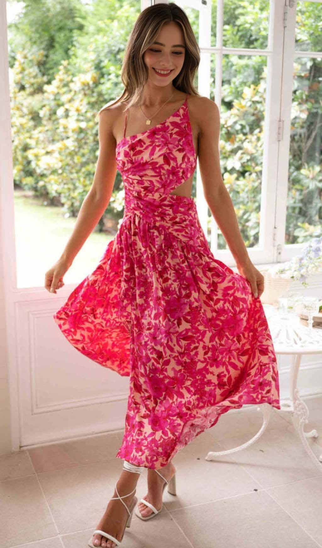 RED PRINTED SLEEVELESS BACKLESS MIDI DRESS WITH SIDE SLITS