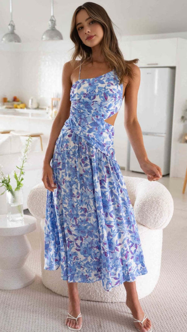 AIIZIE BLUE PRINTED SLEEVELESS BACKLESS MIDI DRESS WITH SIDE SLITS - product image