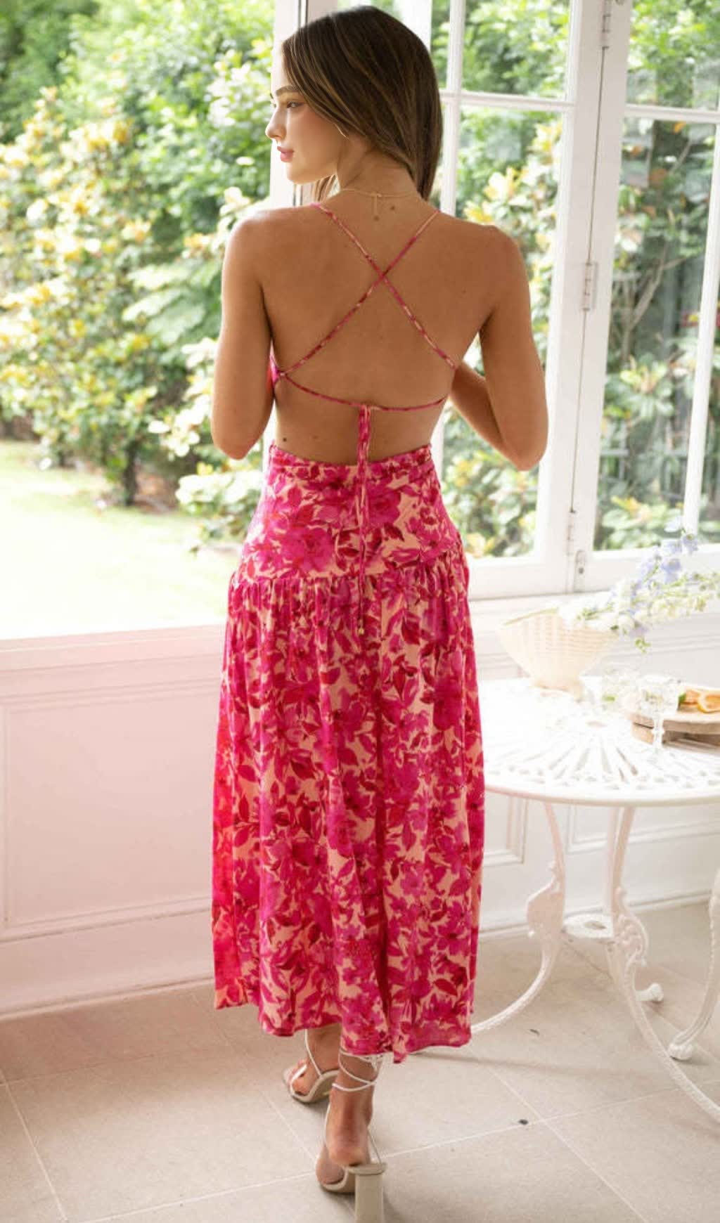 RED PRINTED SLEEVELESS BACKLESS MIDI DRESS WITH SIDE SLITS