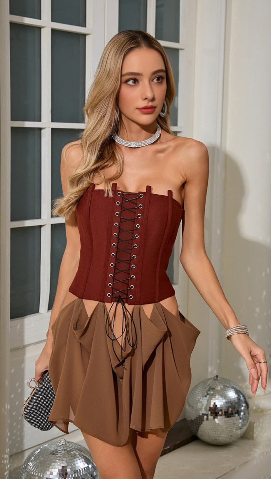 TIE - STRAP BANDEAU BROWN - RED PANELED MINI DRESS