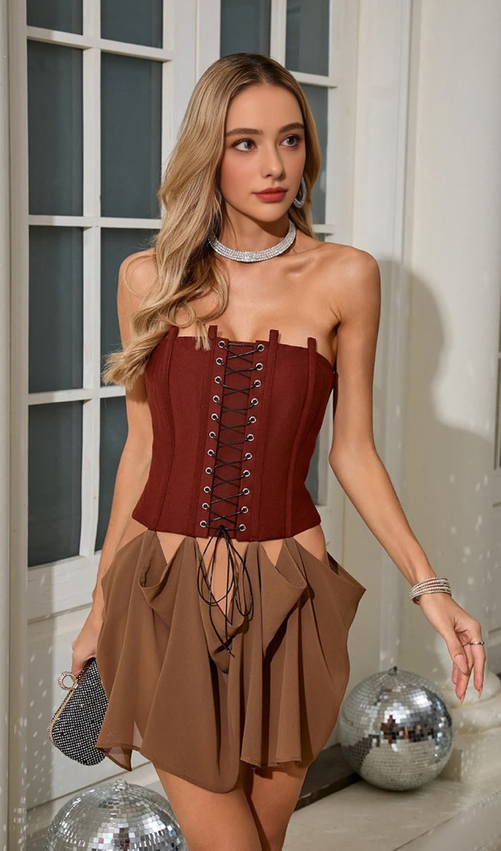 BANDEAU-KLEID MIT BINDERIEMEN IN BRAUN-ROT MIT EINSÄTZEN 
