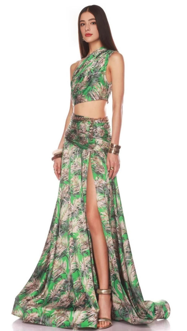 AIIZIE GREEN PALM LEAF PRINTED ONE - SHOULDER TWO - PIECE MAXI SKIRT SET - product image