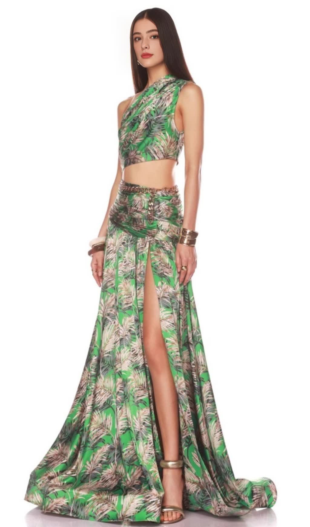GREEN PALM LEAF PRINTED ONE - SHOULDER TWO - PIECE MAXI SKIRT SET