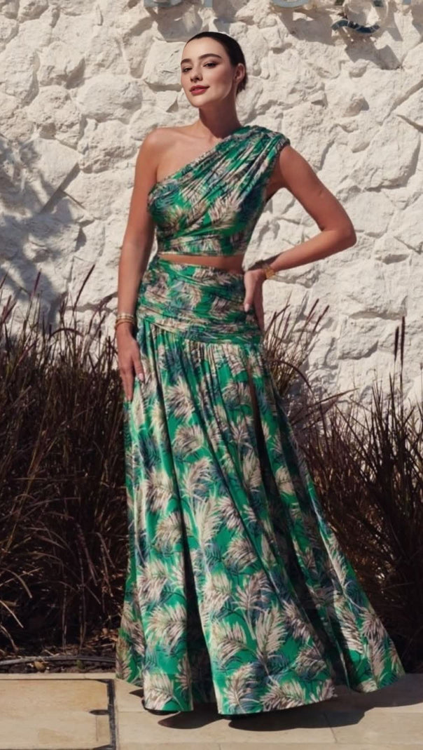 AIIZIE GREEN PALM LEAF PRINTED ONE - SHOULDER TWO - PIECE MAXI SKIRT SET - product image