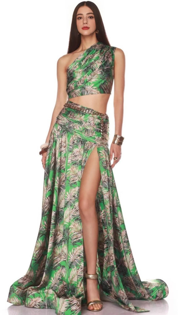 AIIZIE GREEN PALM LEAF PRINTED ONE - SHOULDER TWO - PIECE MAXI SKIRT SET - product image