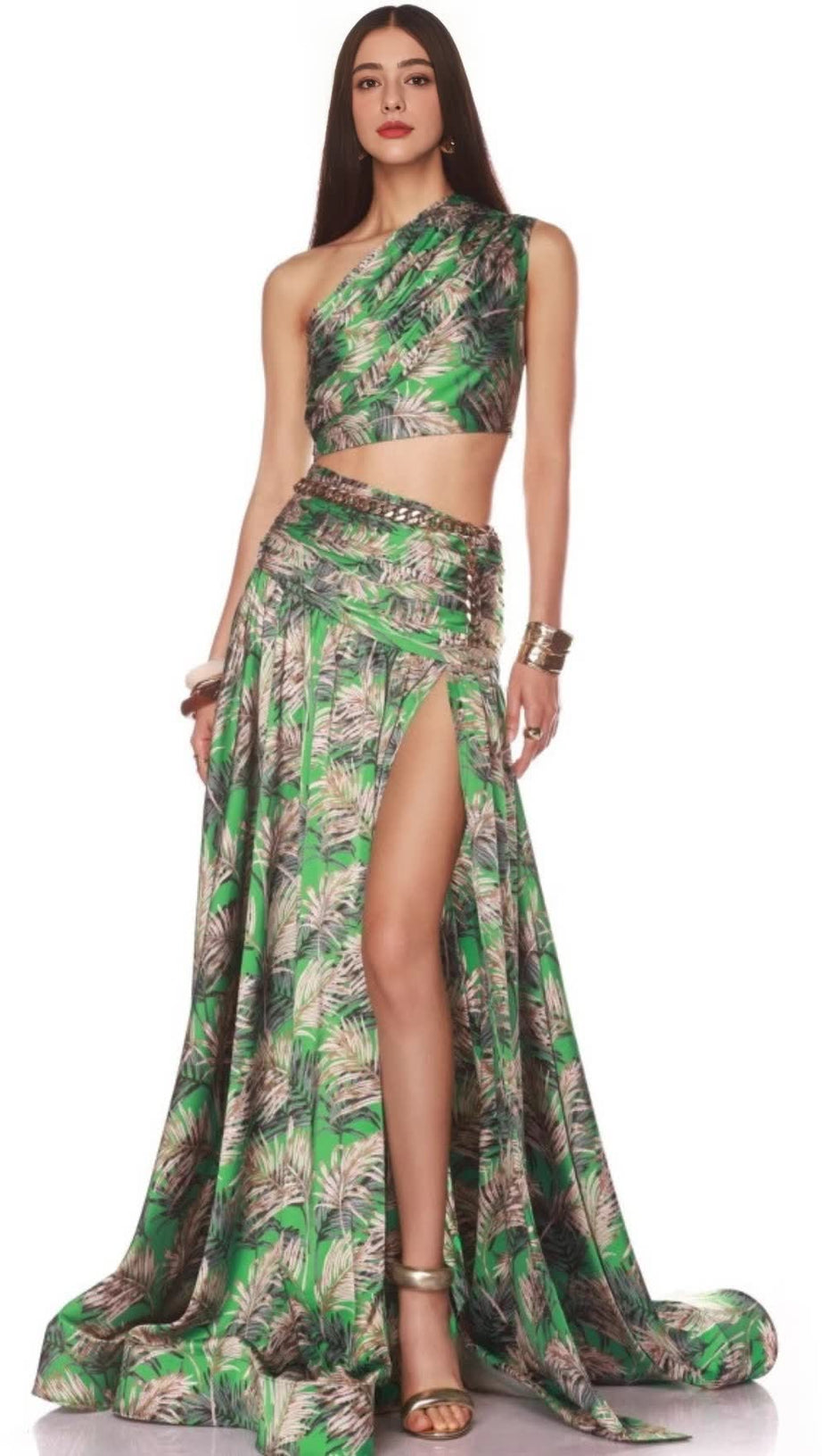 GREEN PALM LEAF PRINTED ONE - SHOULDER TWO - PIECE MAXI SKIRT SET
