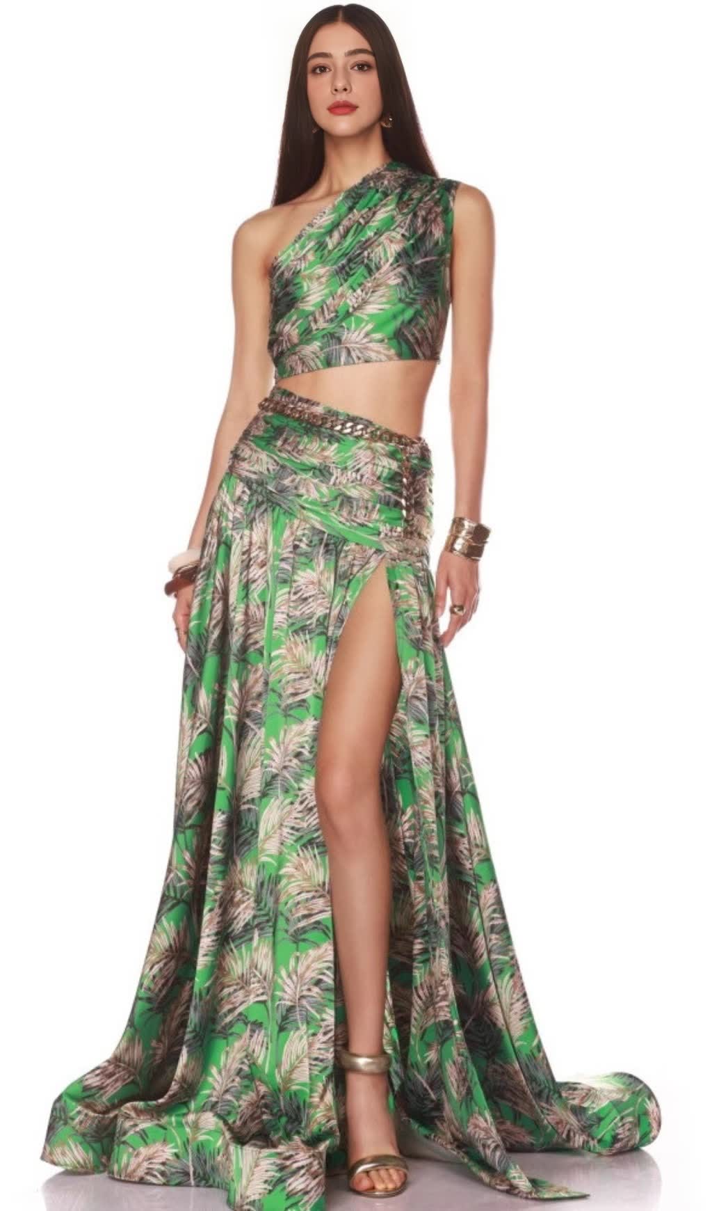 GREEN PALM LEAF PRINTED ONE - SHOULDER TWO - PIECE MAXI SKIRT SET