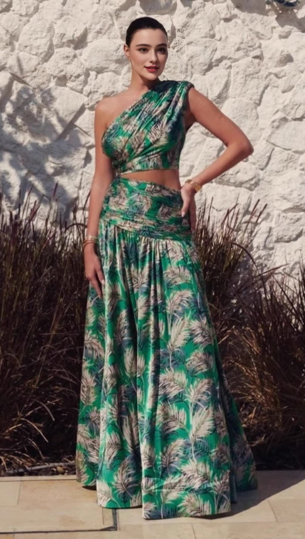 AIIZIE GREEN PALM LEAF PRINTED ONE - SHOULDER TWO - PIECE MAXI SKIRT SET - product image