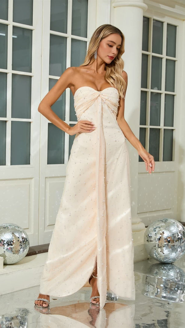 AIIZIE LIGHT BEIGE RHINESTONE - EMBELLISHED STRAPLESS MAXI DRESS - product image