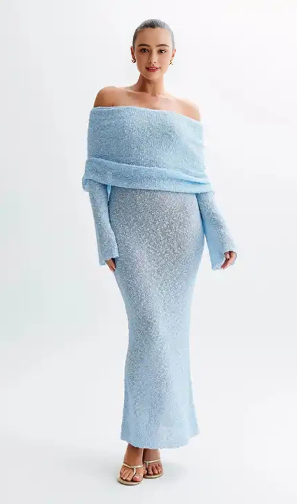 BLUE VACATION - STYLE KNITTED BACKLESS BOAT - NECK MAXI DRESS