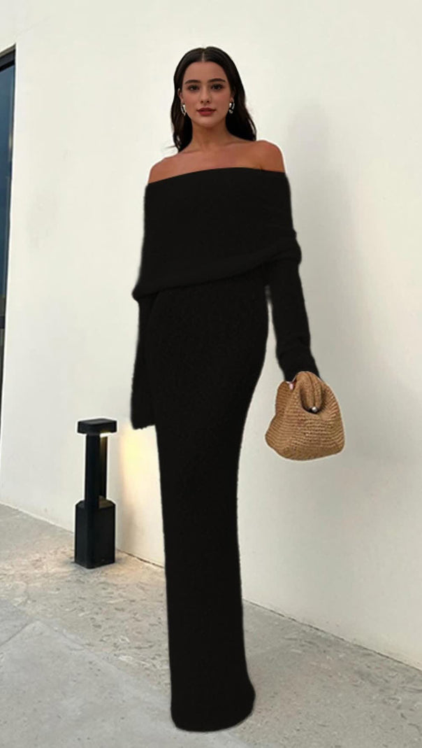 AIIZIE BLACK VACATION - STYLE KNITTED BACKLESS BOAT - NECK MAXI DRESS - product image