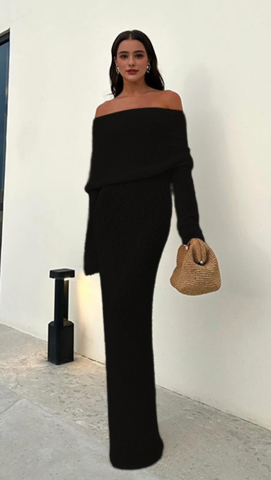 BLACK VACATION - STYLE KNITTED BACKLESS BOAT - NECK MAXI DRESS