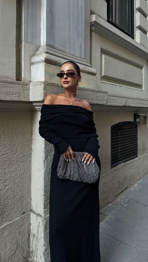 AIIZIE BLACK VACATION - STYLE KNITTED BACKLESS BOAT - NECK MAXI DRESS - product image