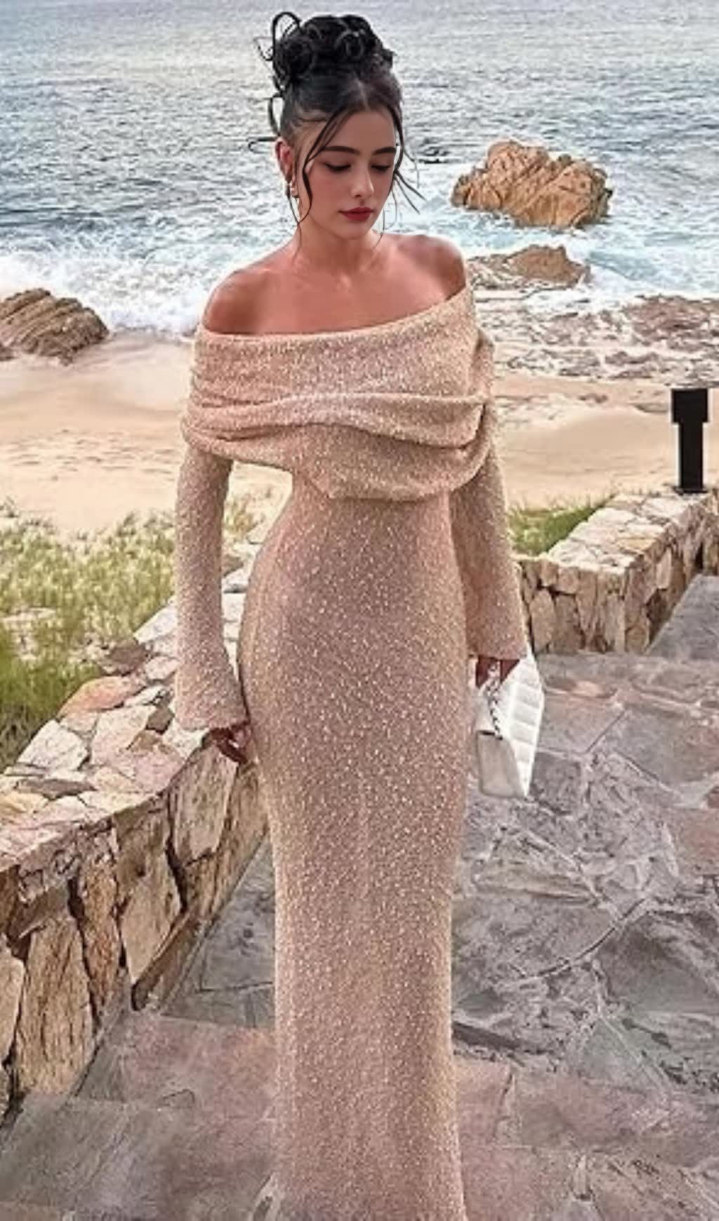 APRICOT VACATION - STYLE KNITTED BACKLESS BOAT - NECK MAXI DRESS