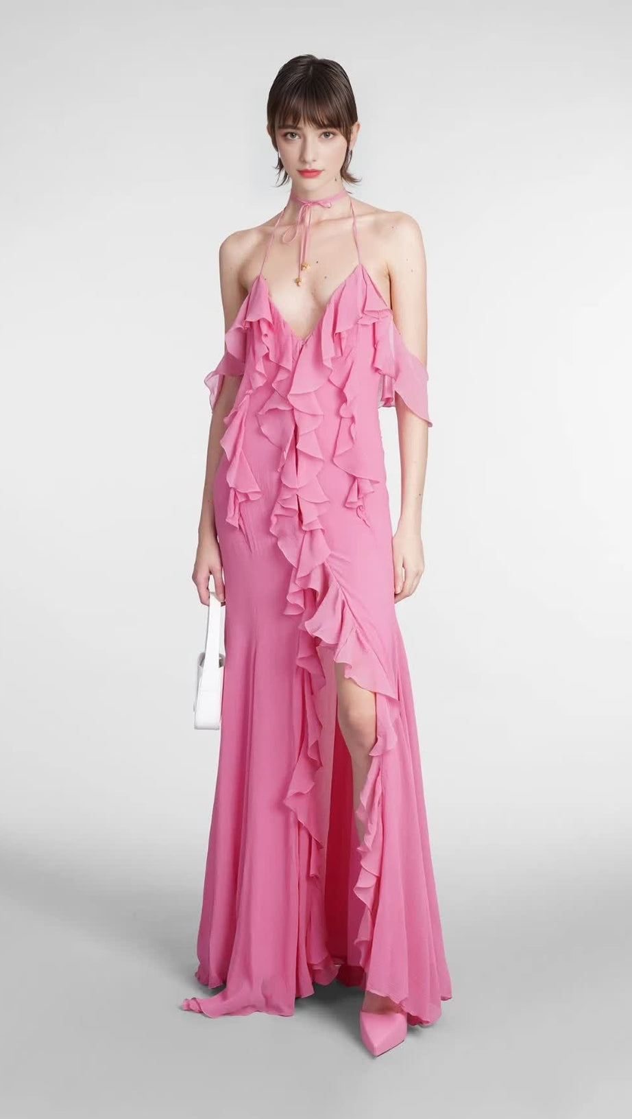 PINK RUFFLE COTTON AND SILK MAXI DRESS