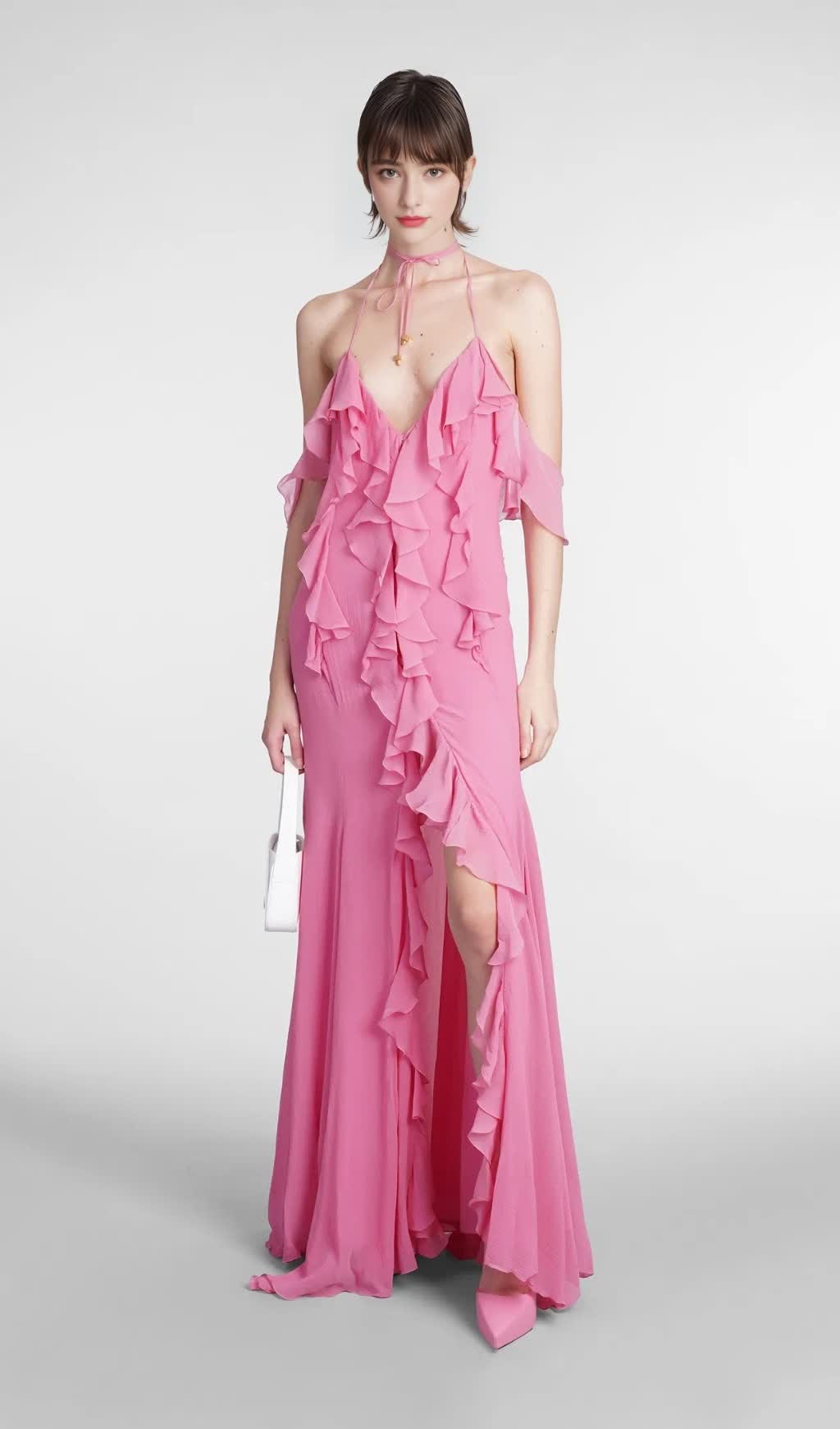 PINK RUFFLE COTTON AND SILK MAXI DRESS