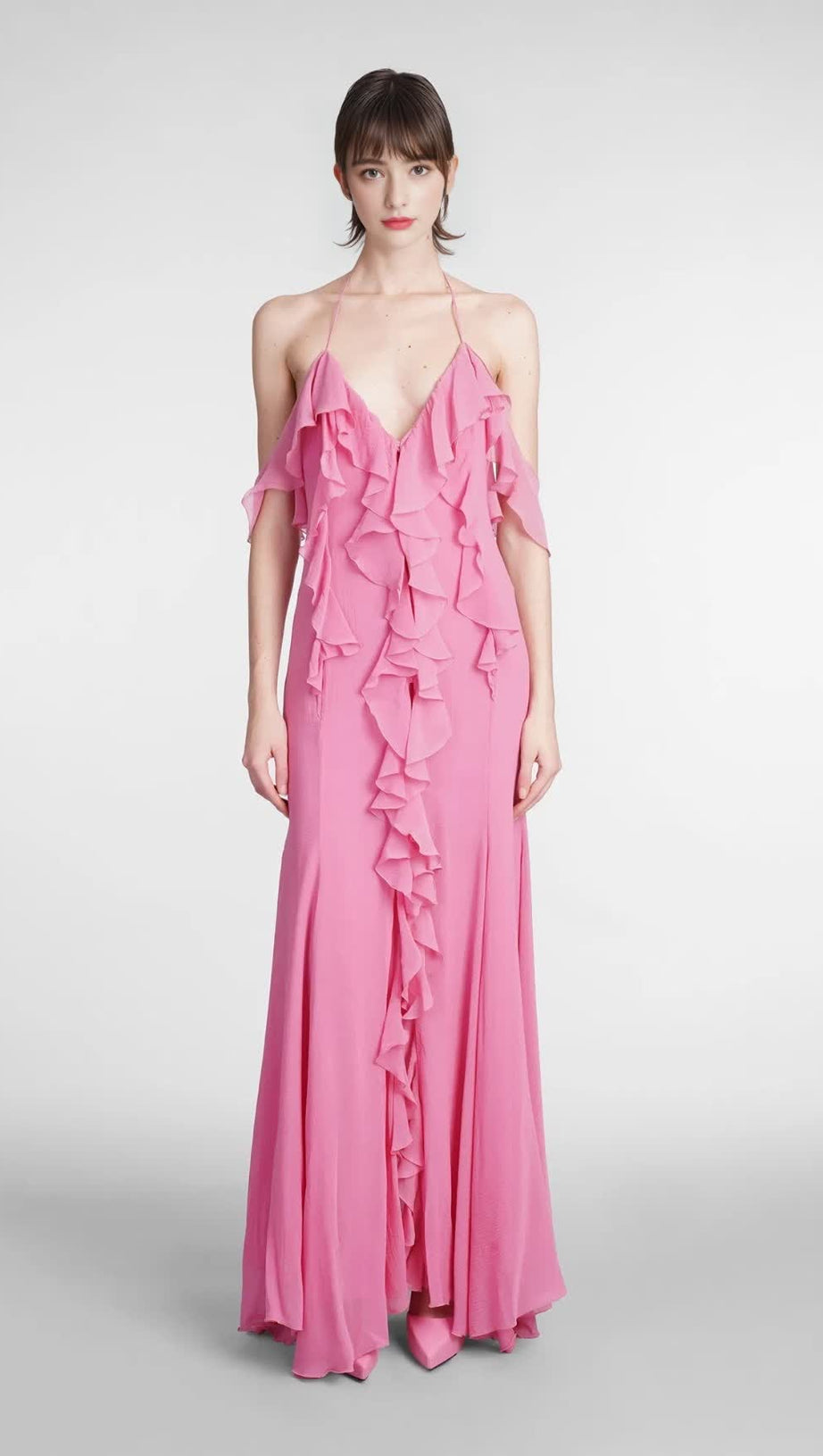 PINK RUFFLE COTTON AND SILK MAXI DRESS
