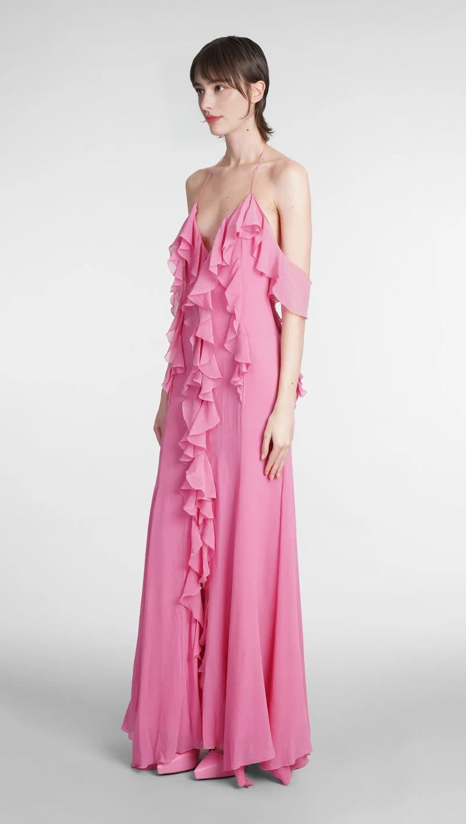 PINK RUFFLE COTTON AND SILK MAXI DRESS