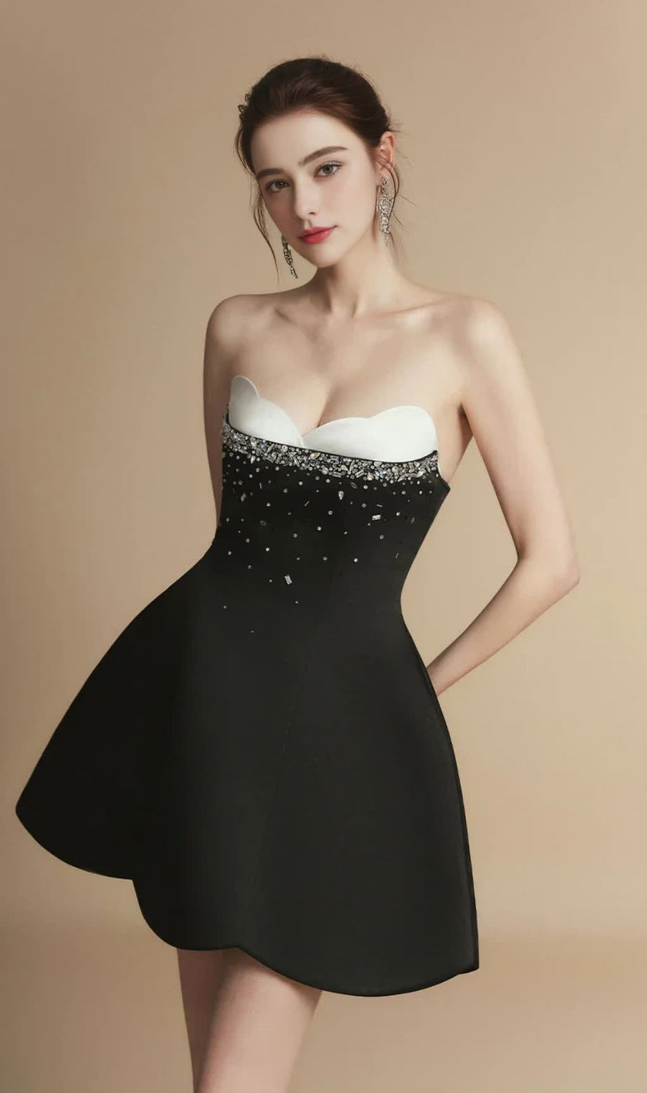 Fit and Flare Semi-Heart Neck Taffeta Mini Dress