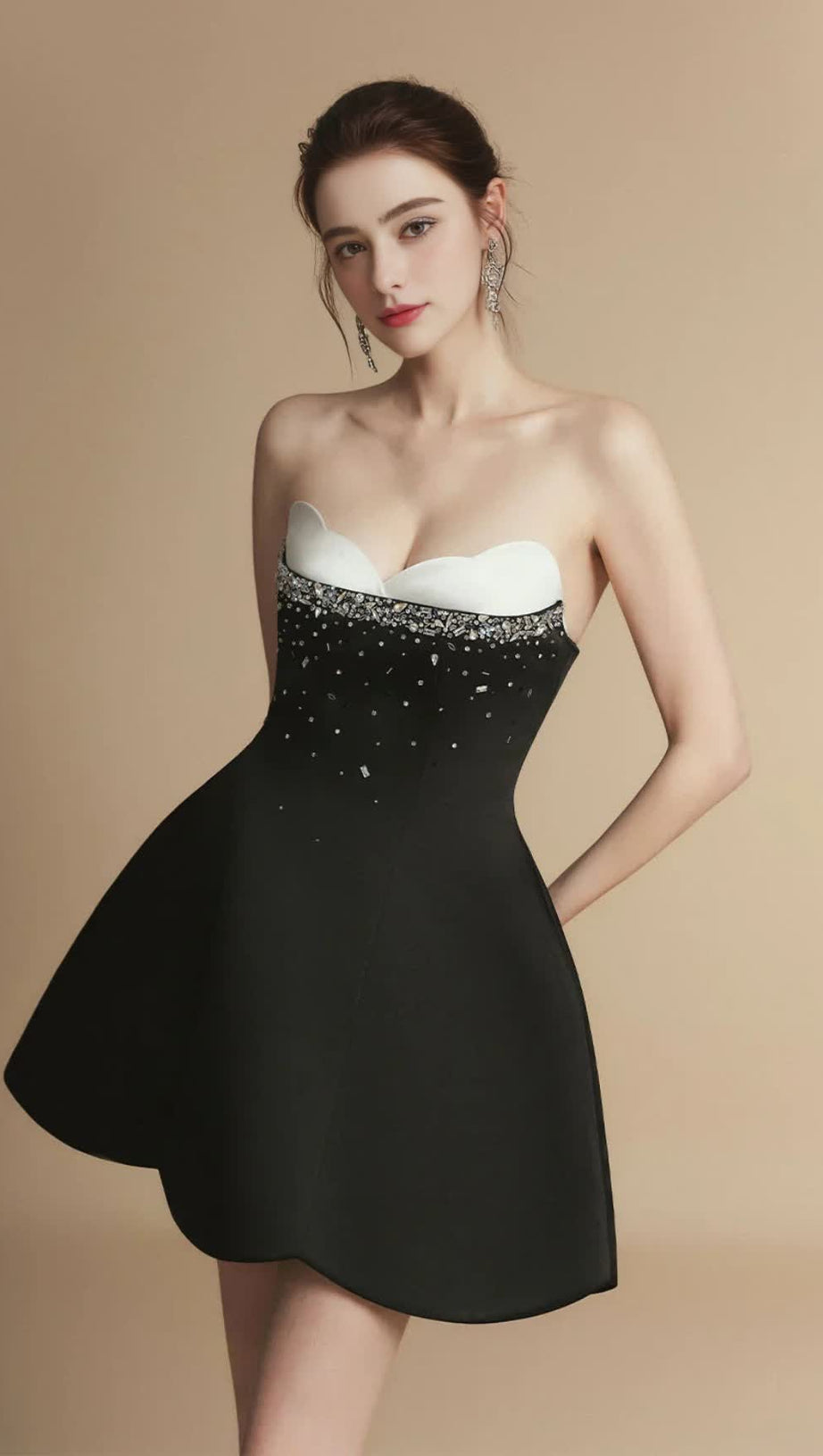FIT AND FLARE SEMI-HEART NECK TAFFETA MINI DRESS