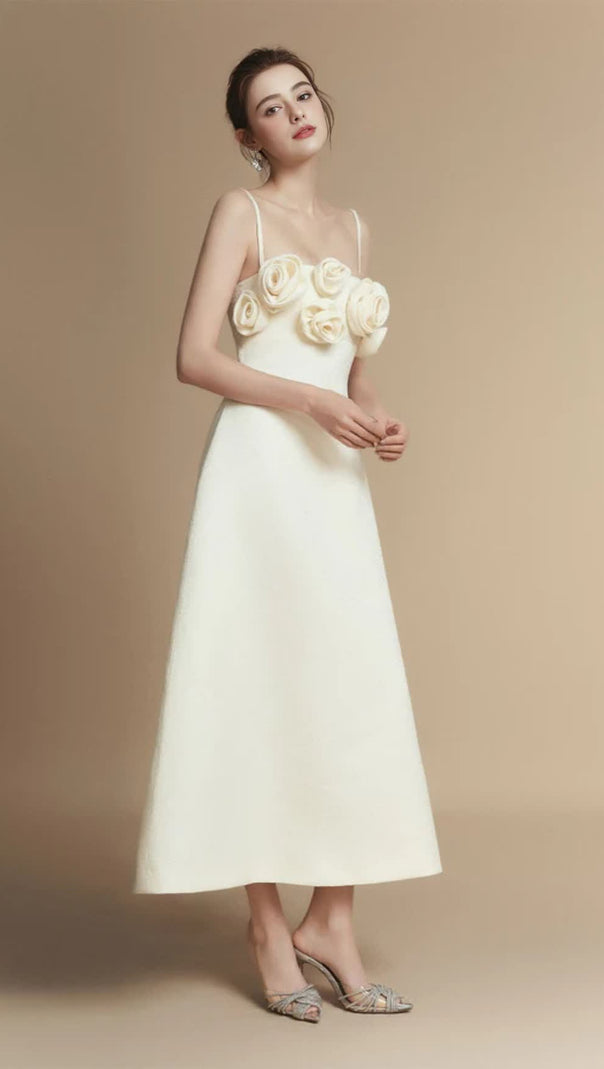AIIZIE A-LINE FLOWER APPLIQUE LINEN RAYON MIDI DRESS - product image