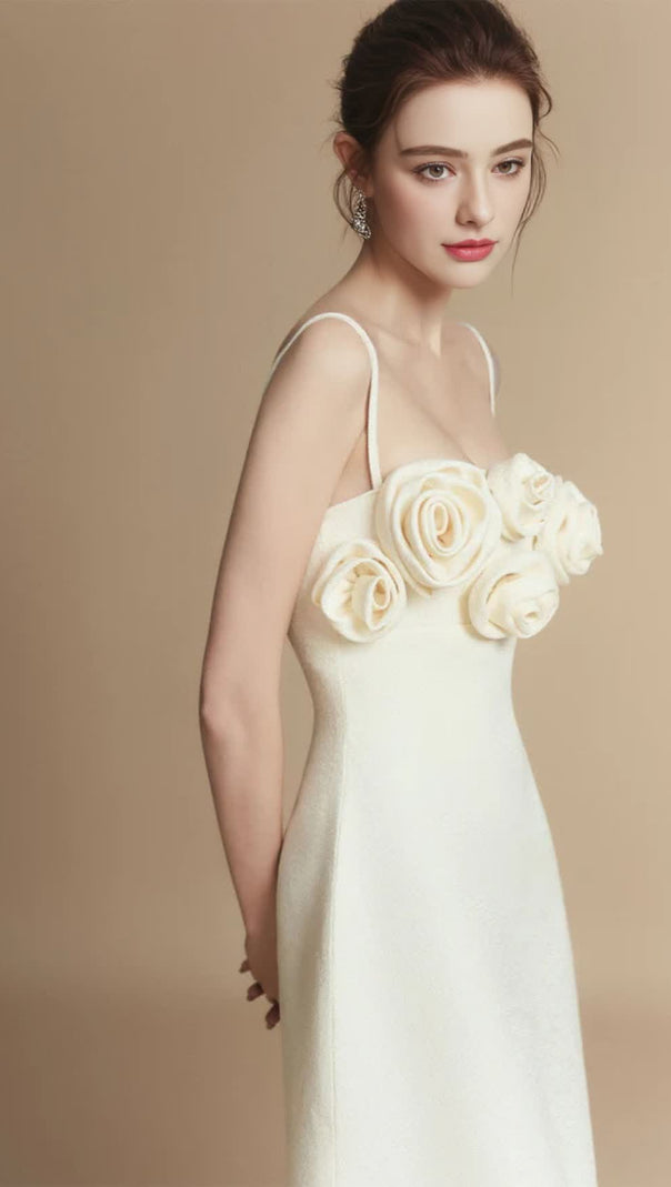 AIIZIE A-LINE FLOWER APPLIQUE LINEN RAYON MIDI DRESS - product image