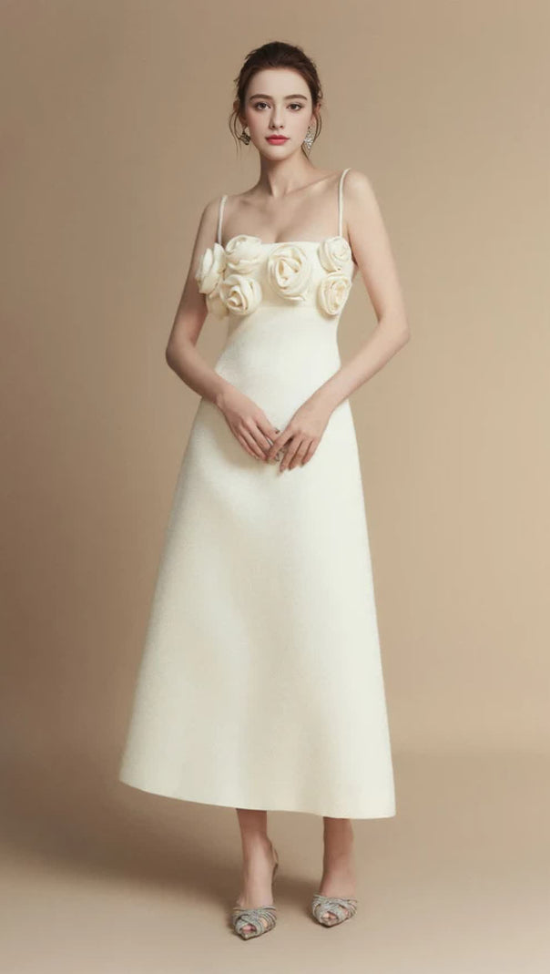 AIIZIE A-LINE FLOWER APPLIQUE LINEN RAYON MIDI DRESS - product image