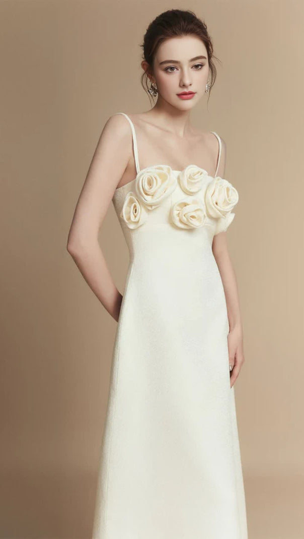 AIIZIE A-LINE FLOWER APPLIQUE LINEN RAYON MIDI DRESS - product image