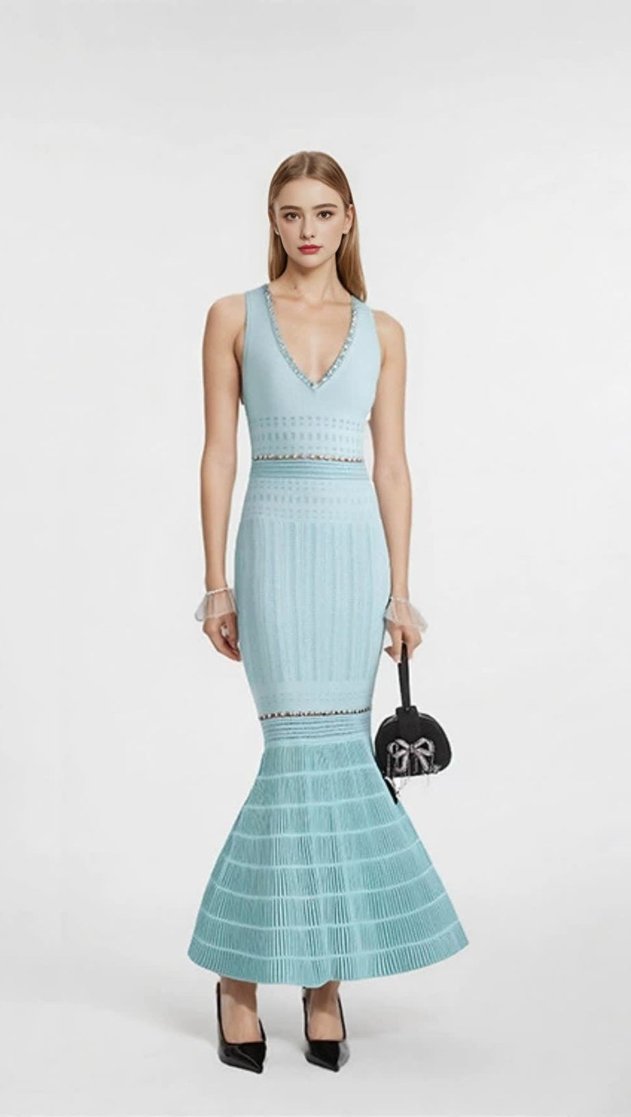 V-NECK BEADING KNIT BODYCON MAXI DRESS IN PALE BLUE