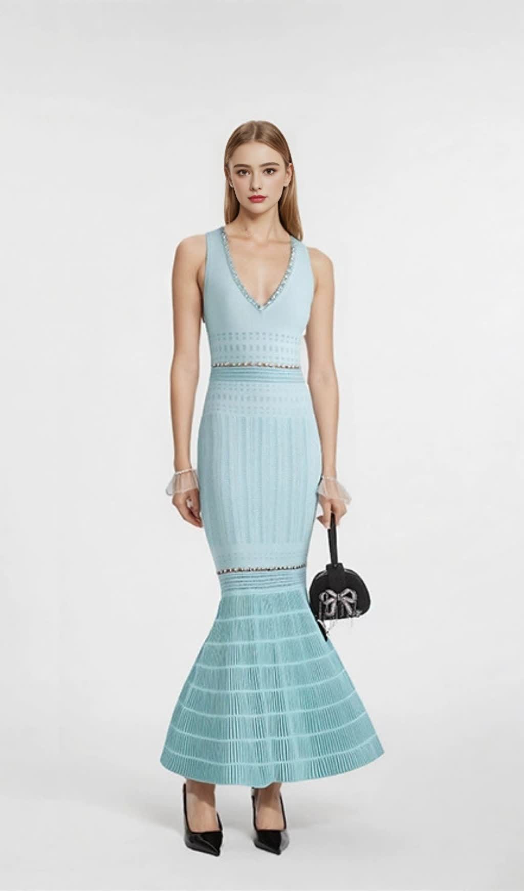 V-NECK BEADING KNIT BODYCON MAXI DRESS IN PALE BLUE