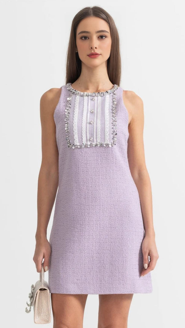 AIIZIE SEQUIN LACE EMBELLISHMENTS TEXTURED MINI DRESS IN PURPLE - product image