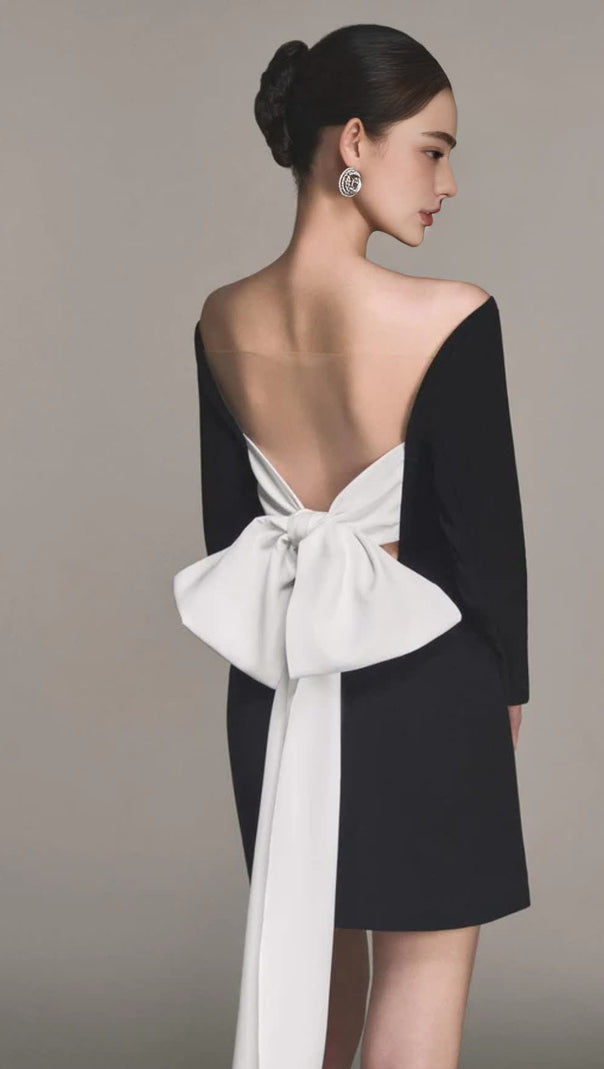 AIIZIE OFF SHOULDER BOW EMBELIISHED BACKLESS MINI DRESS - product image
