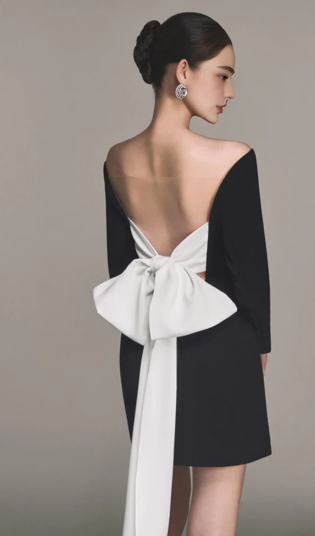 Off Shoulder Bow Embeliished Backless Mini Dress