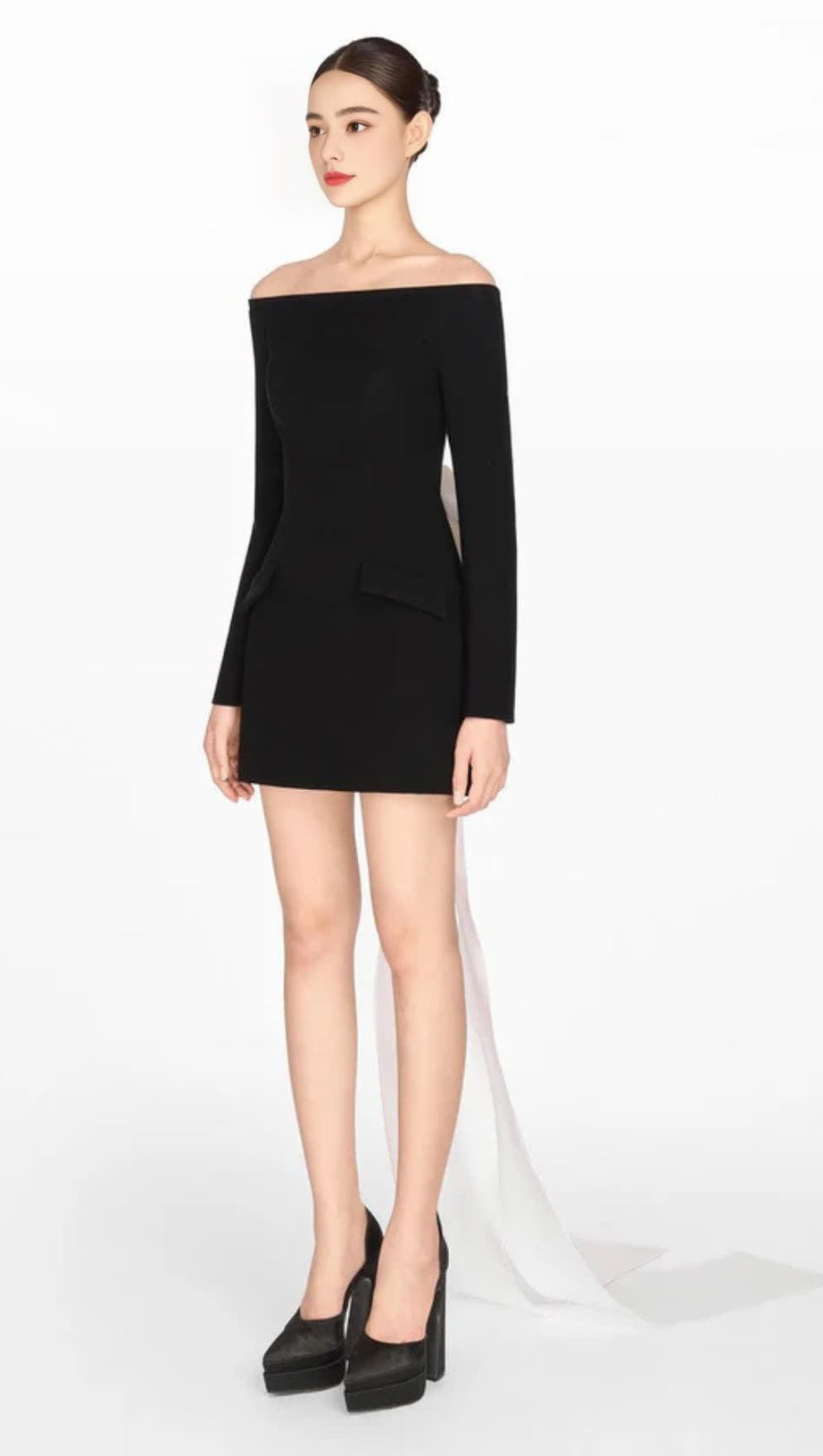 OFF SHOULDER BOW EMBELIISHED BACKLESS MINI DRESS