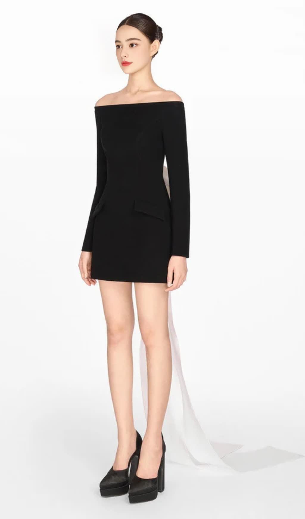 Off Shoulder Bow Embeliished Backless Mini Dress