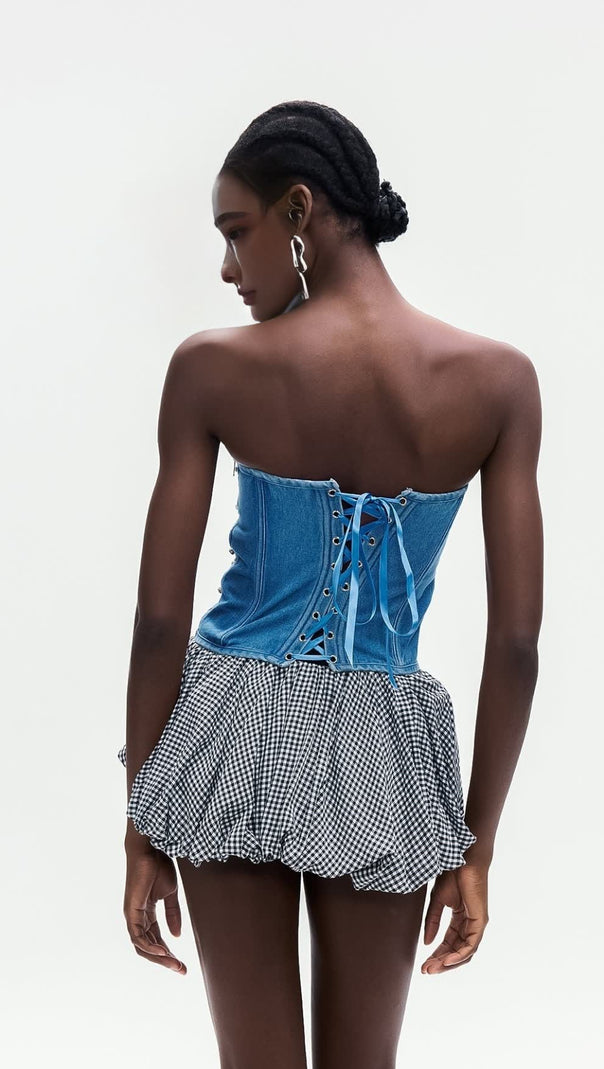 AIIZIE JACQUELINE CRYSTAL EMBELLISHED STRAPLESS DENIM TOP IN BLUE - product image