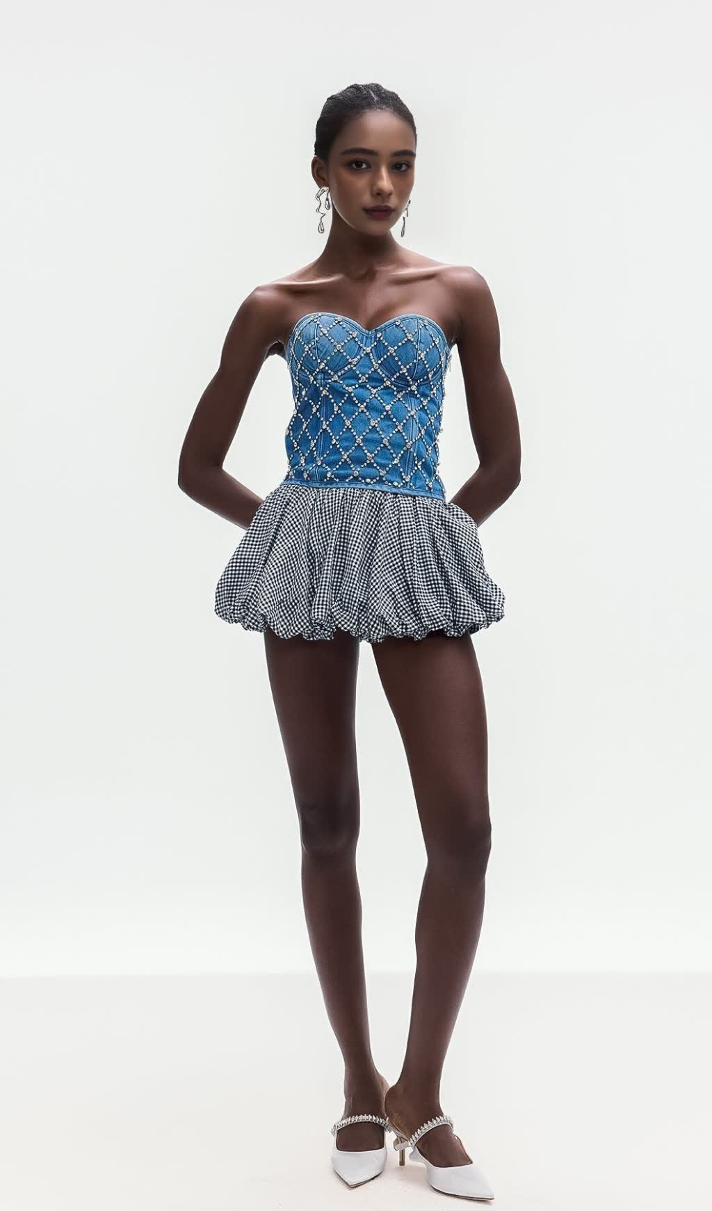 JACQUELINE CRYSTAL EMBELLISHED STRAPLESS DENIM TOP IN BLUE