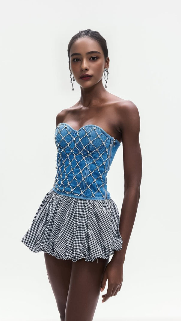 AIIZIE JACQUELINE CRYSTAL EMBELLISHED STRAPLESS DENIM TOP IN BLUE - product image