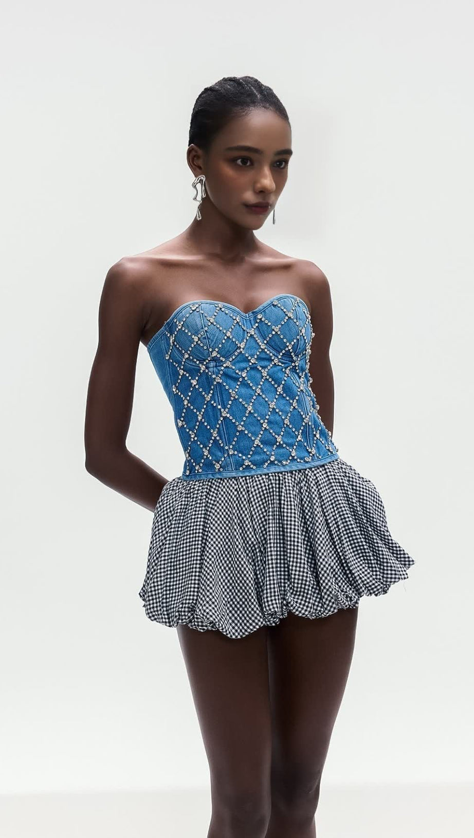 JACQUELINE CRYSTAL EMBELLISHED STRAPLESS DENIM TOP IN BLUE