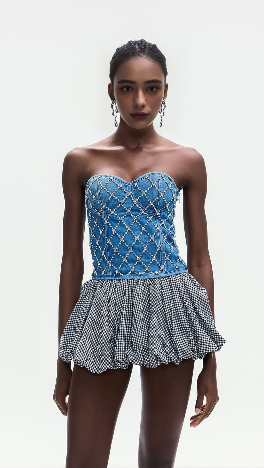 JACQUELINE CRYSTAL EMBELLISHED STRAPLESS DENIM TOP IN BLUE