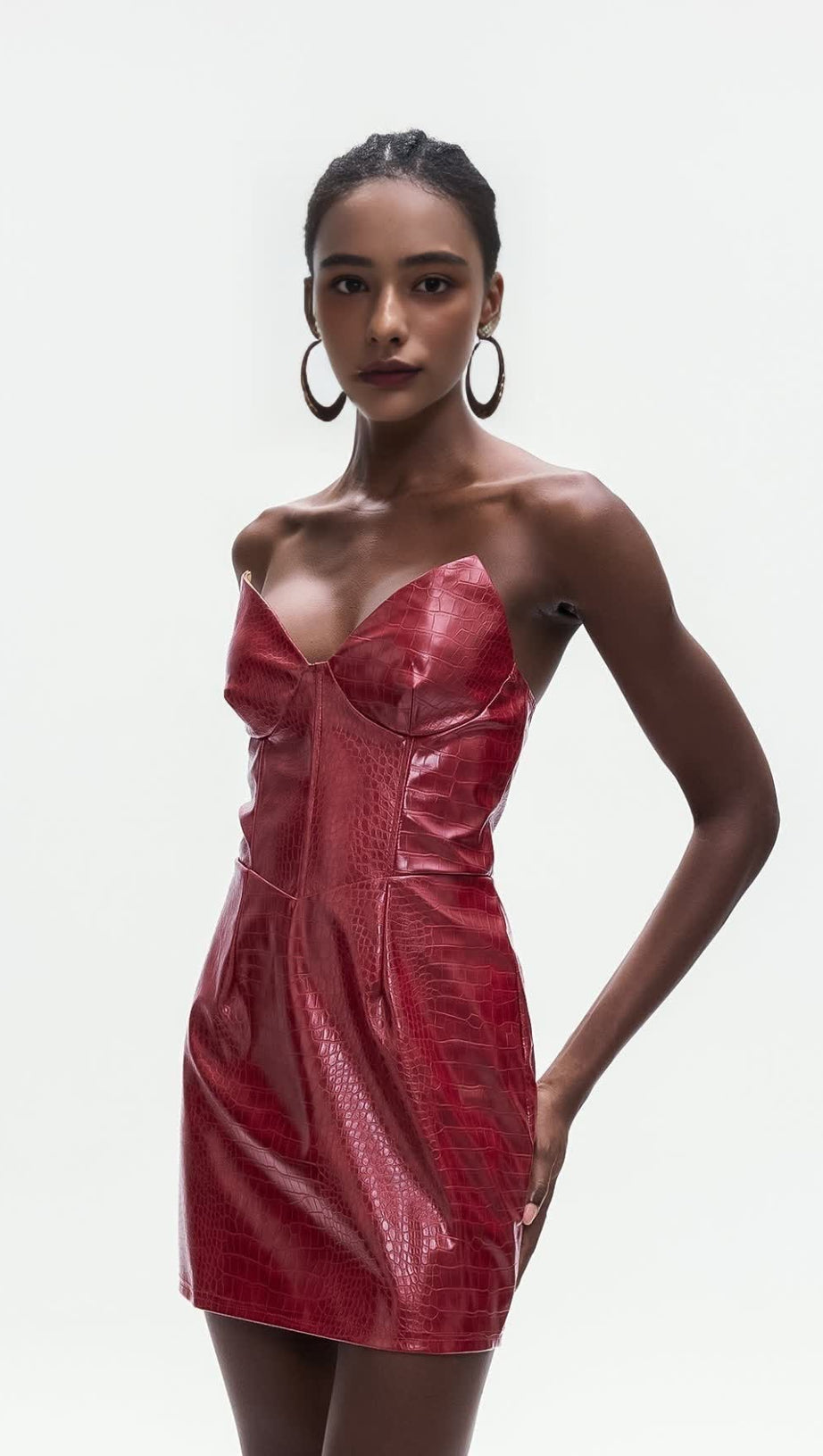 JANICE CROCODILE PATTERN STRAPLESS LEATHER MINI DRESS