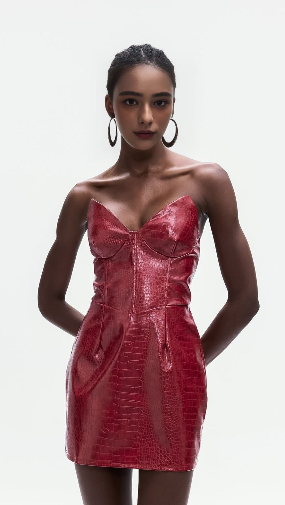 JANICE CROCODILE PATTERN STRAPLESS LEATHER MINI DRESS