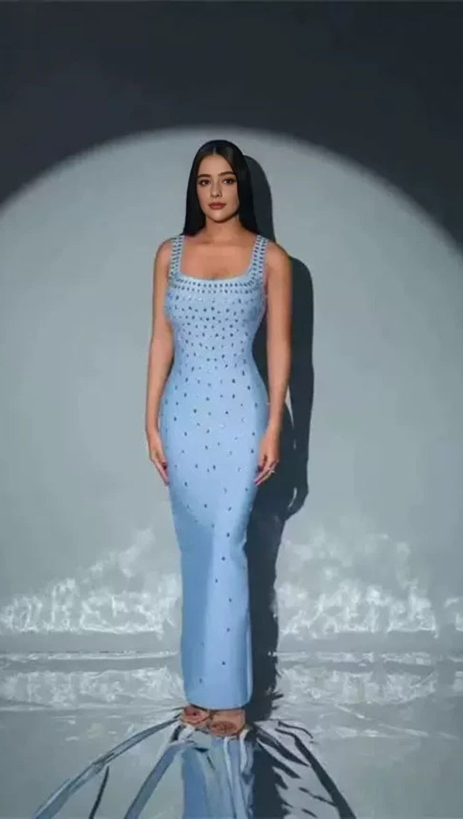 CREPE RAINDROPS EMBROIDERY MAXI DRESS IN BLUE