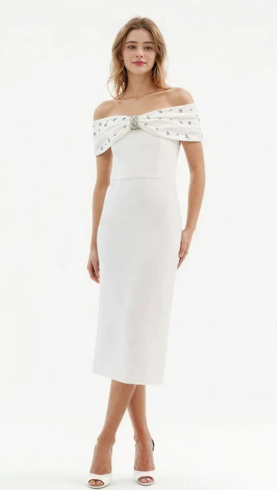 OFF SHOULDER CRYSTAL EMBELLISHED MIDI DRESS