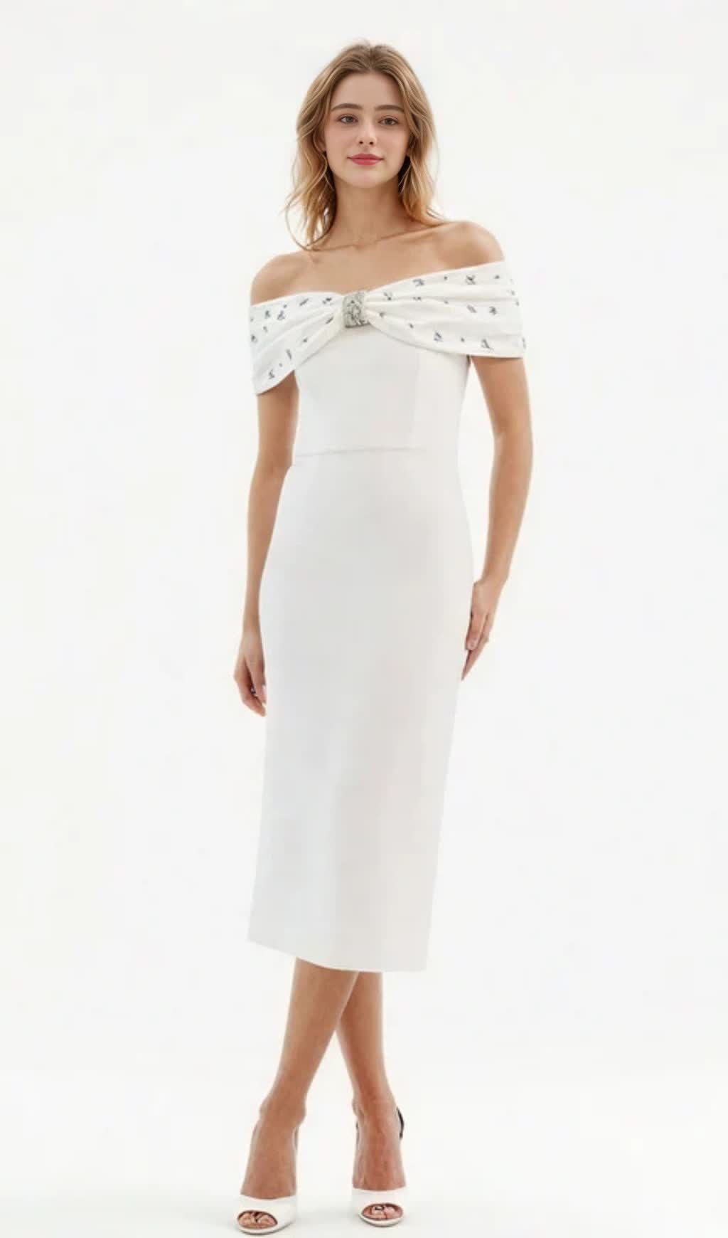 OFF SHOULDER CRYSTAL EMBELLISHED MIDI DRESS