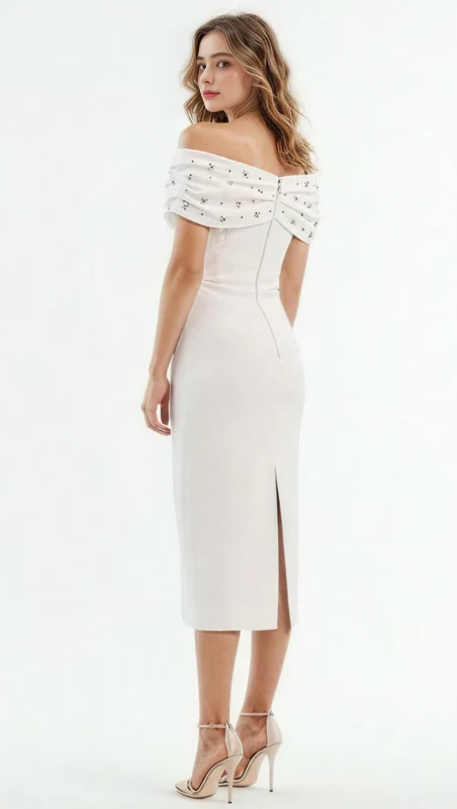 OFF SHOULDER CRYSTAL EMBELLISHED MIDI DRESS