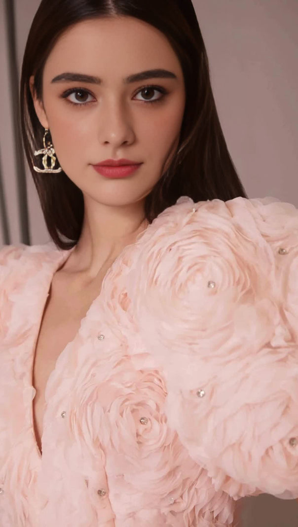 AIIZIE V-NECK FLOWER EMBELLISHED PUFF MINI DRESS IN BALLET PINK - product image
