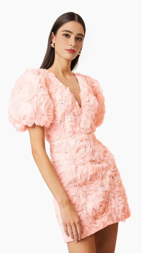 AIIZIE V-NECK FLOWER EMBELLISHED PUFF MINI DRESS IN BALLET PINK - product image