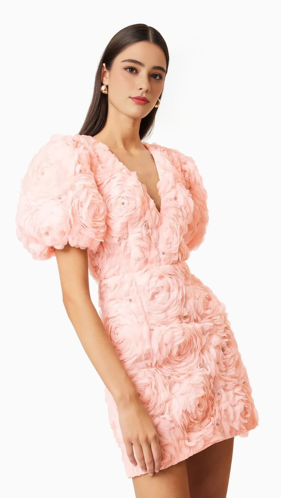 V-NECK FLOWER EMBELLISHED PUFF MINI DRESS IN BALLET PINK