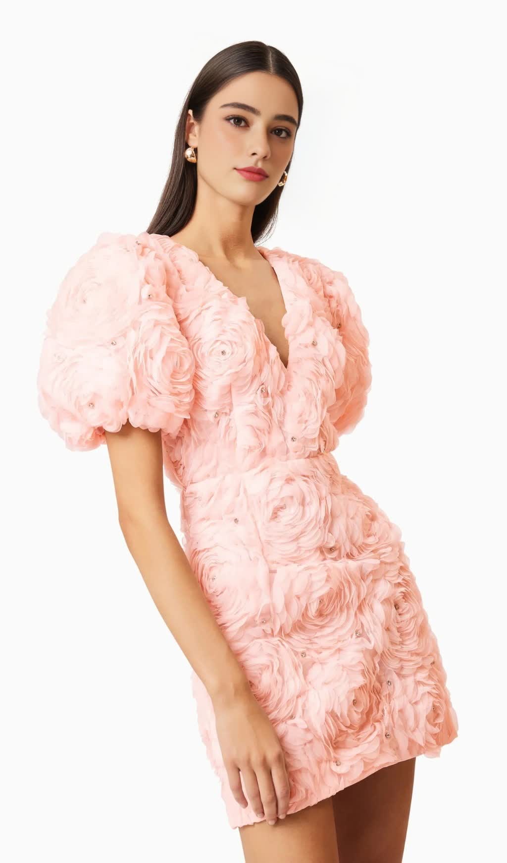 V-NECK FLOWER EMBELLISHED PUFF MINI DRESS IN BALLET PINK